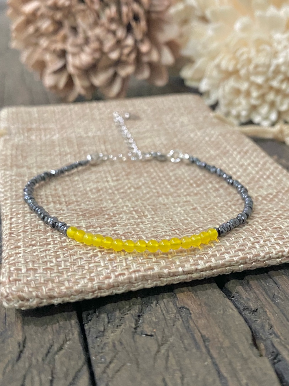 Dainty Chain Bracelet, Tiny Hematite & Yellow Onyx, 18k Gold Fill Chain